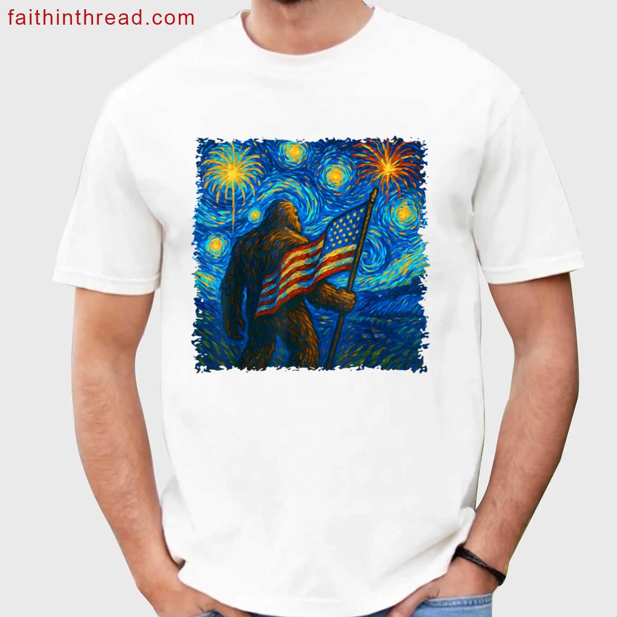 Bigfoot 4th Of July Starry Night Van Gogh Usa Flag Men Women Shirt