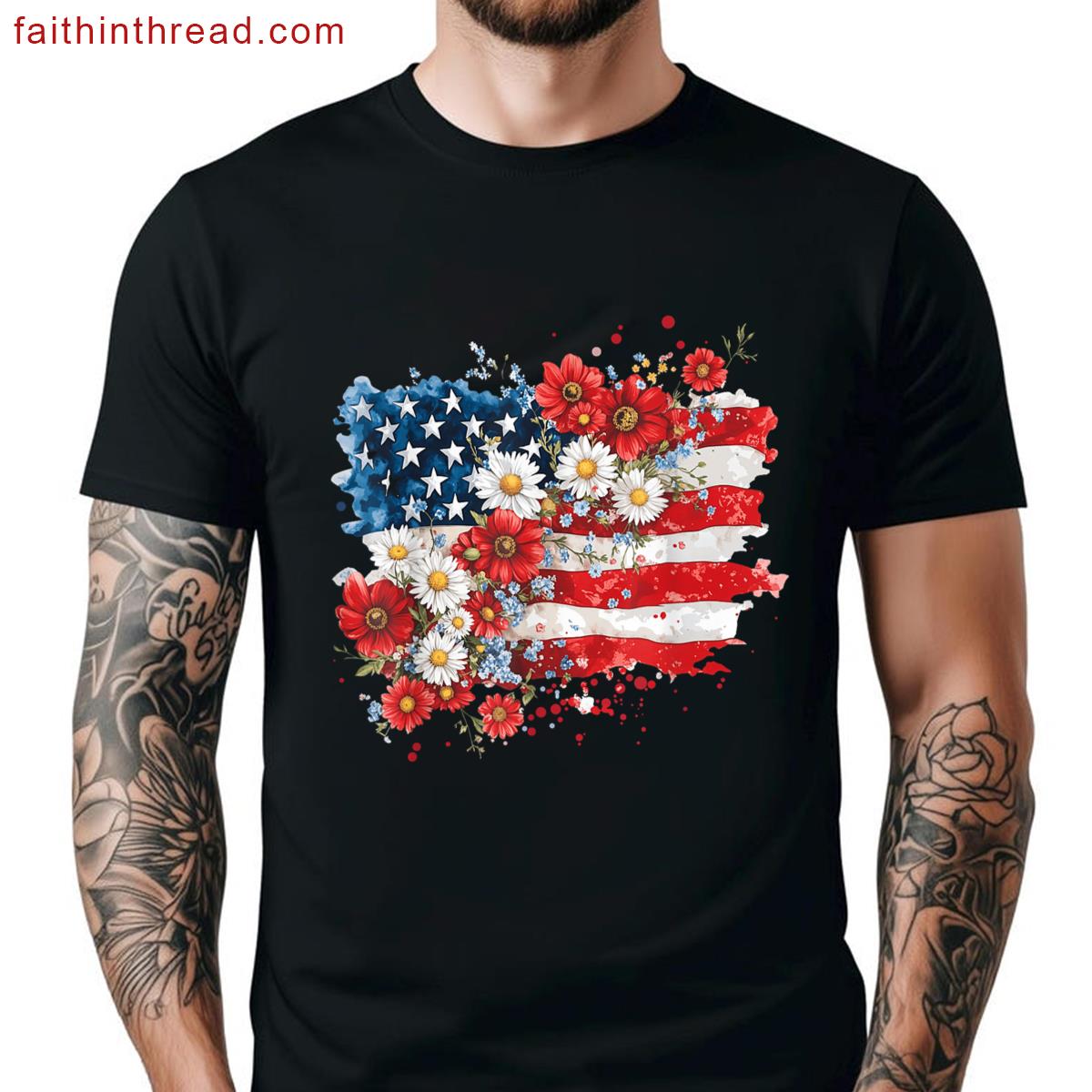 Floral American Flag Daisy 4th July Women Girls Patriotic Shirt