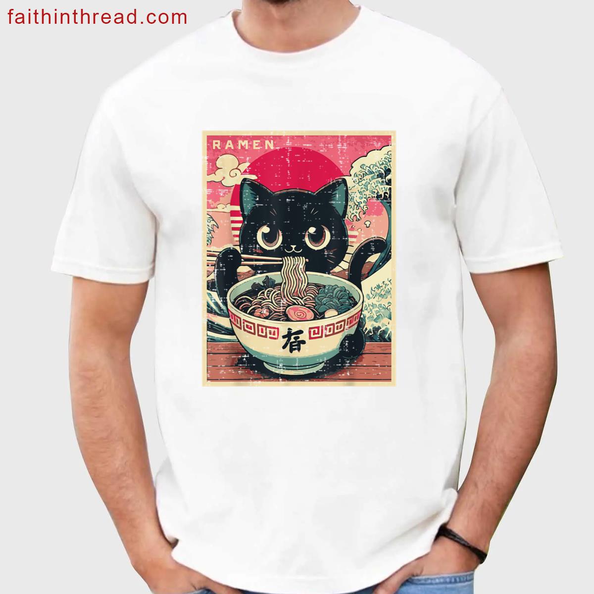 Japanese Anime Cat Ramen Kawaii Poster Art Girls Kids Women Shirt