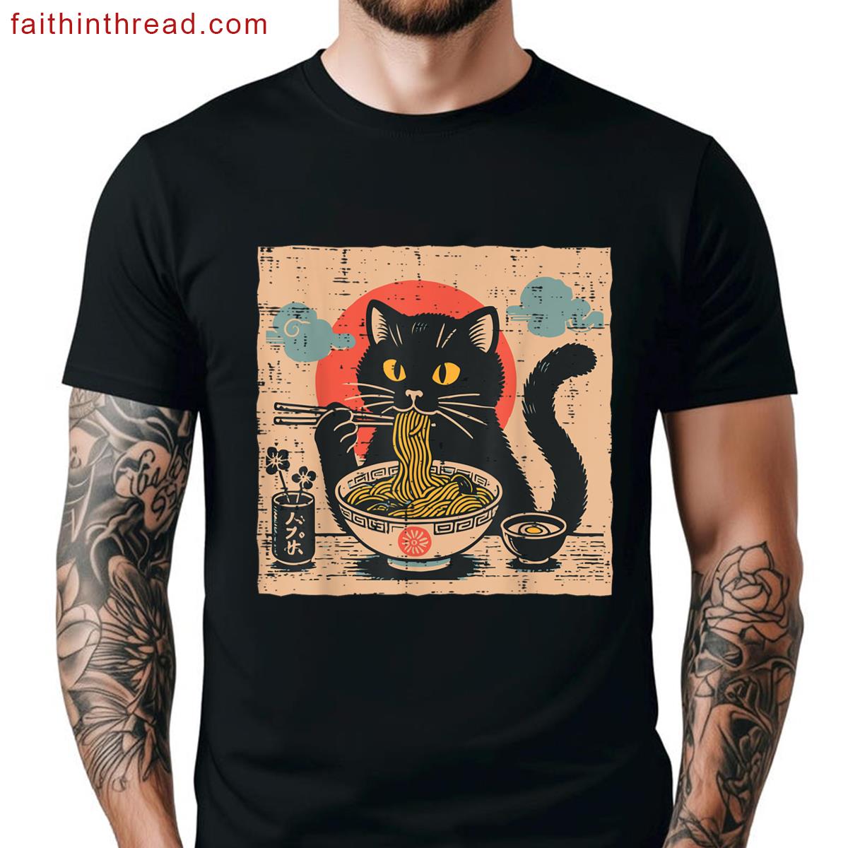 Japanese Black Cat Ramen Sun Retro Kitten Art Women Men Kids Shirt
