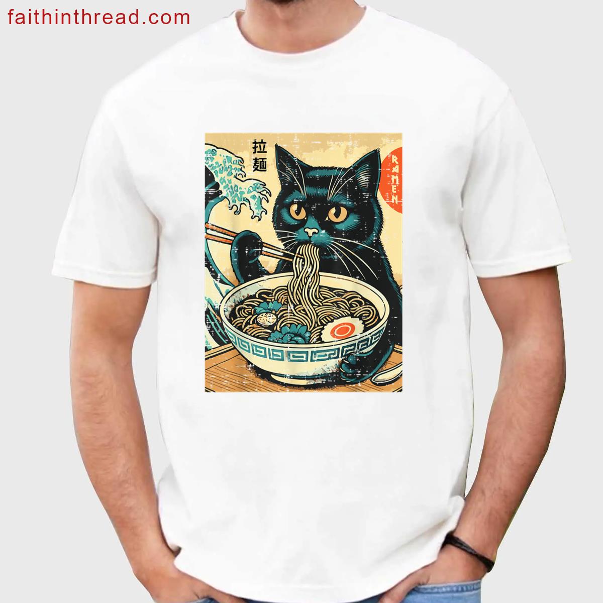 Japanese Cat Ramen Great Wave Vintage Art Food Men Women Kid Shirt