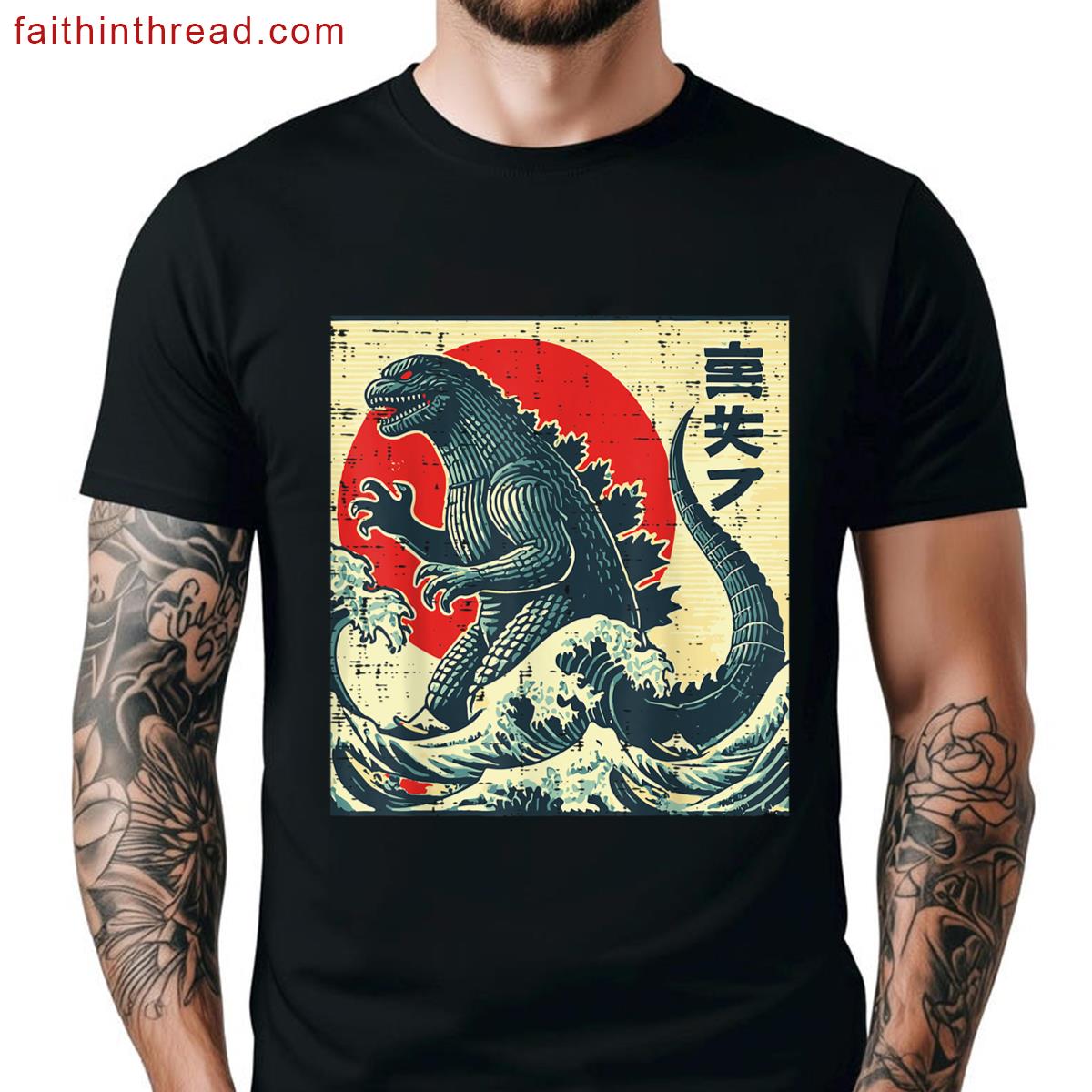 Japanese Kaiju Monster Waves Retro Ukiyo Art Women Men Kids Shirt