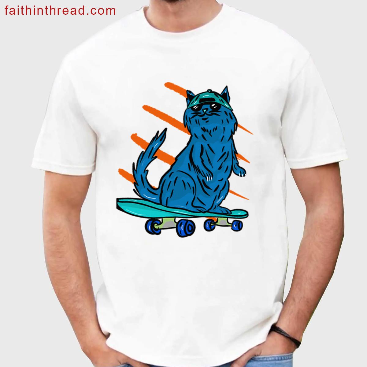 Light Blue Cat With A Cool Cap On A Skateboard Shirt