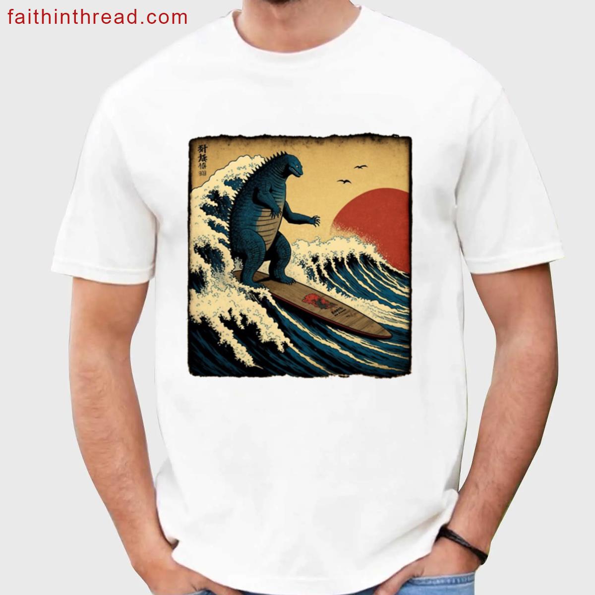 Godzilla Surfing Funny Tee Shirt