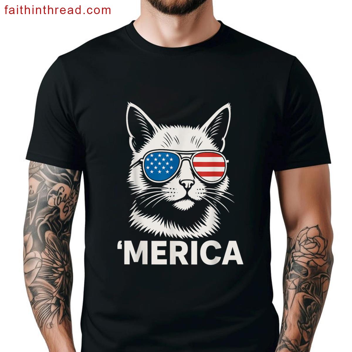Patriotic Cat With Sunglasses Funny Tee Shirt