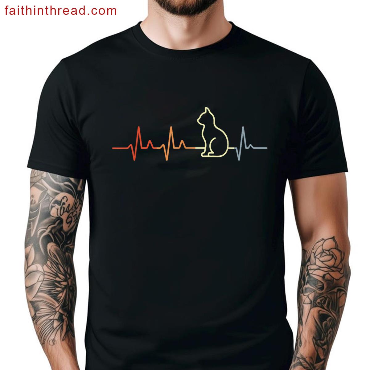 Retro Heartbeat Cat Design Shirt
