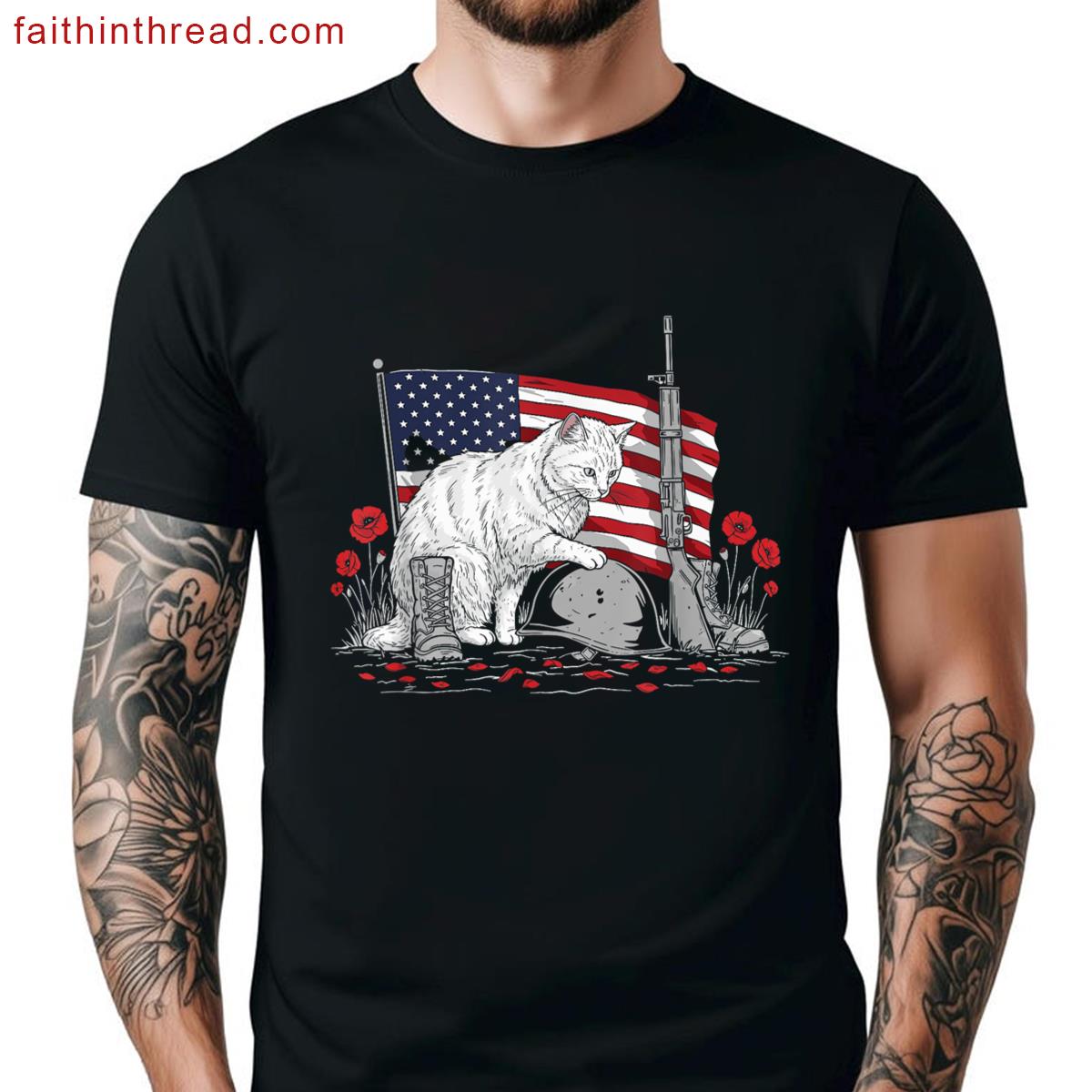 Vintage Cat Usa Flag Tee Shirt