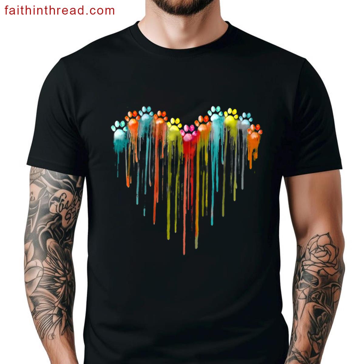 Dog Paws Heart Watercolor Painting Heart Dog Paw Rainbow Shirt