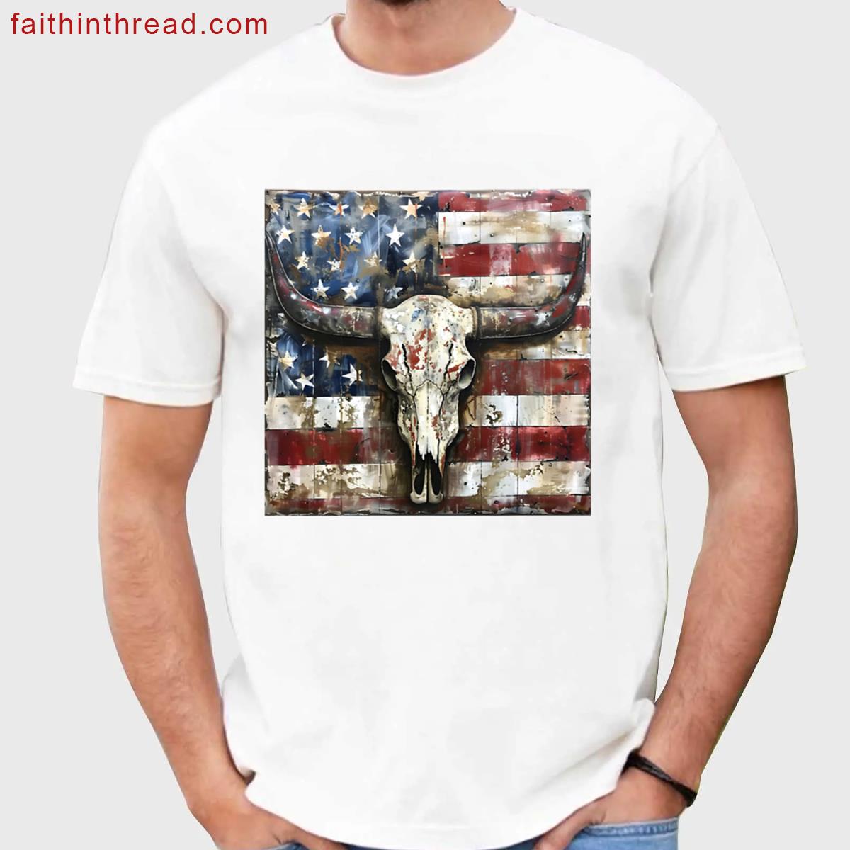 Patriotic American Flag Longhorn Skull Print Shirt