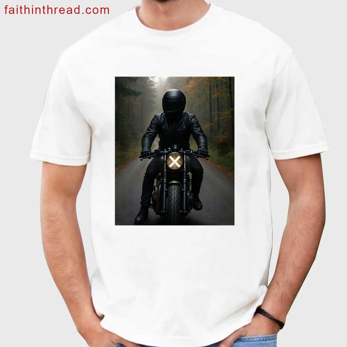 Person On A Motorcycle With A Glowing Headlight On A Forest Road Graphic Shirt