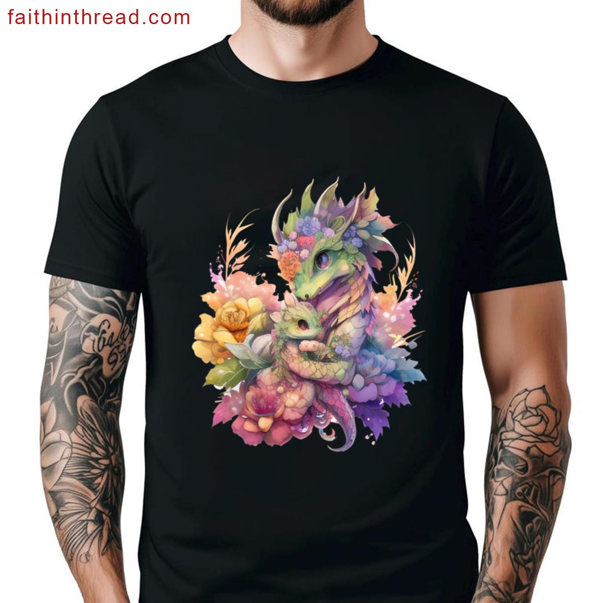 Rainbow Watercolor Mommy And Baby Dragon Kawaii Chibi Flowers Shirt